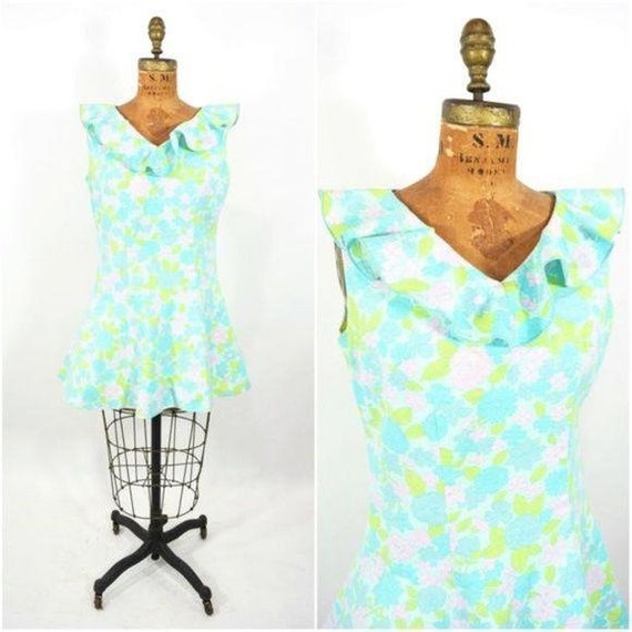 Vintage 1960s Mini Dress | Aqua Ruffle Floral Dres