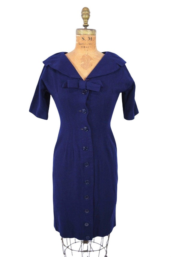 Vintage 1950s Wool Dress Navy Blue Fitted Button … - image 2