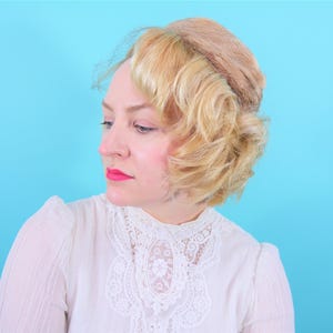 Vintage 1950s Tan Fur Pillbox Hat Lady Bess Mauve Satin Netted Round