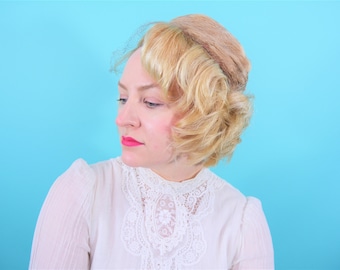 Vintage 1950s Tan Fur Pillbox Hat Lady Bess Mauve Satin Netted Round