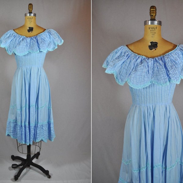 1960s dress vintage 60s blue off shoulder peasant dress S