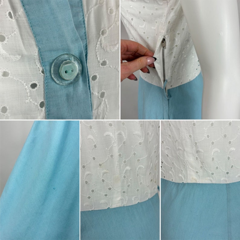 Vintage 1940s Cotton Dress Women's Small Blue White Eyelet Sundress Clear Buttons image 10
