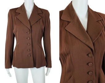 Vintage 1940s Suit Jacket Brown Wool Women's Fitted Waist Blazer Pockets W 30"