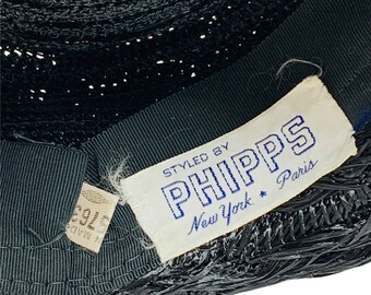 Vintage 1950s Round Black Straw Hat Rhinestone Fly Detail  display picture 1