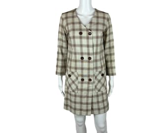 Vintage 70s Plaid Coat Women's Small Off White Brown Long Blazer Jacket Mod