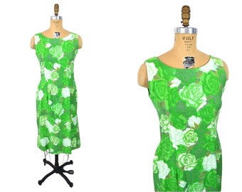 Vintage 1960s Roses Dress Bright Green Floral Print Shift | W 30"