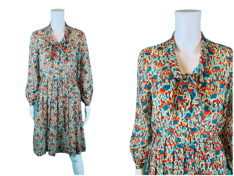 Vintage 1980s Silk Shirtdress Necktie Red Orange Blue Artistic Printed Dress W 27 image 1