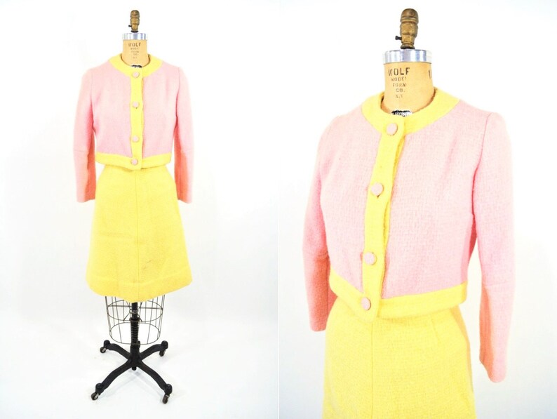 1960s mod suit pink yellow wool jacket skirt blouse vintage set W 25