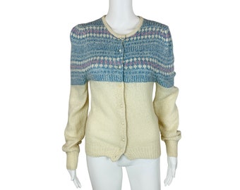 Vintage 60s Nordic Blue Cardigan Silk Angora Blend Fair Isle Sweater B 32"