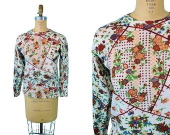 Vintage 1960s Floral Acrylic Sweater Brown Multi Colored Patterned Pullover