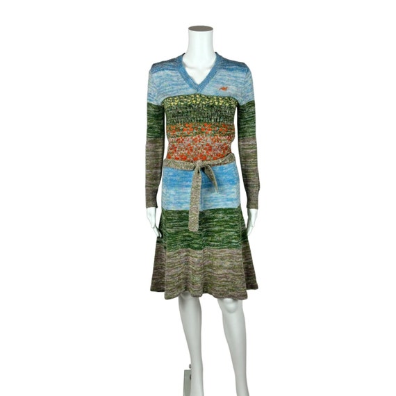 Vintage 70s Sweater Dress Scenic Novelty Print Lo… - image 1