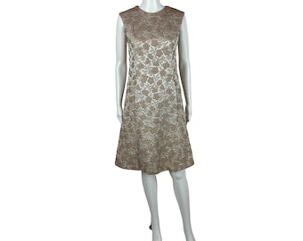 Vintage 60s Brocade Dress Women's Small Mod Taupe Upholstered Floral Shift Kangaroo Pockets