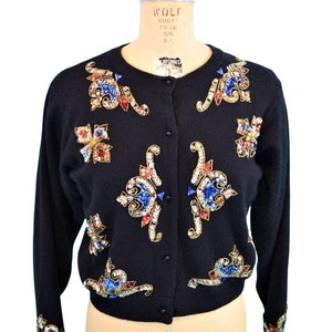 Vintage 1980er Jahre Pailletten Strickjacke Schwarz Gold Bunt Wollpullover | B 102 cm