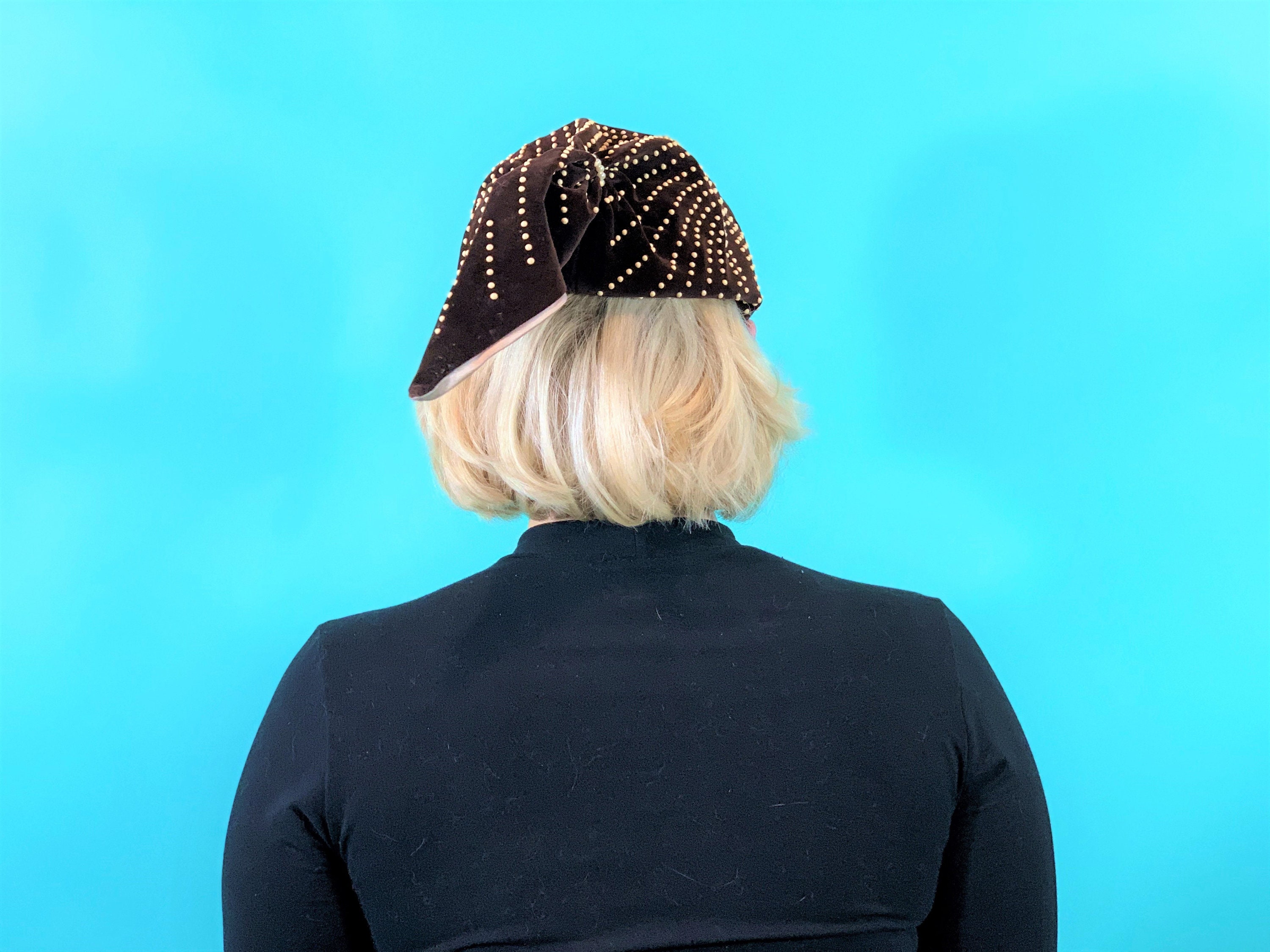 Vintage 1940s Snood Hat Brown Velvet Beaded Ponytail Headband 1940s Brown Velvet Tall Hat by Fashion Guild | Command Attention main image 2