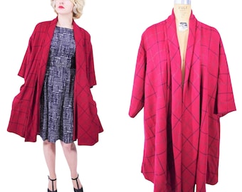 Vintage 80s Plaid Swing Coat Red Pane Plaid Draped Open Slouchy