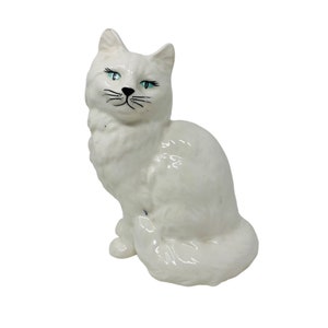 Vintage Biały Kot Statuetka Dekoracyjna Ceramiczna Zielone Oczy