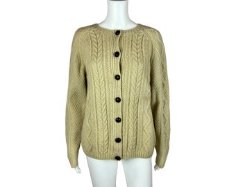 Vintage 70s Irish Sweater Cream Fisherman Cableknit Wool Cardigan Kinvara