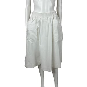Vintage 80s Full Cotton Skirt Women&#39;s Medium Solid White Elastic Waist Hip Pockets