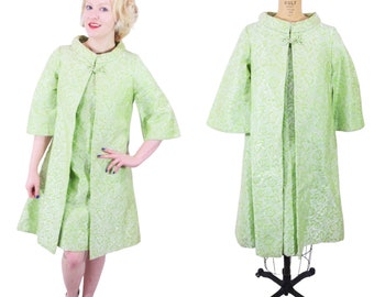 Vintage 60s Lime Green Brocade Dress Floral Bow Cocktail Coat Set | B 33"