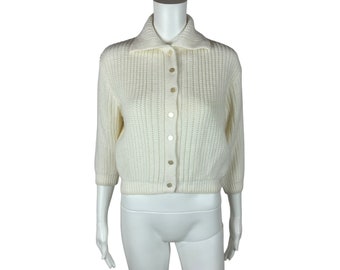 Vintage 50s White Cardigan Women's Small Cropped Chunky Knit Sweater