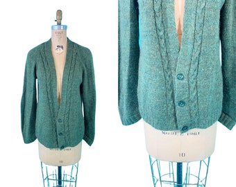 Vintage 1960s Green Cardigan Knit Mens Style Grandpa Sweater | B 42"