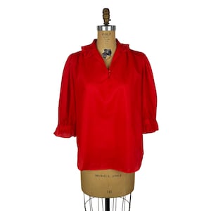 Vintage 80s Red Shirt Womens Large Ruffle Collar 3/4 Sleeve Oversized Top