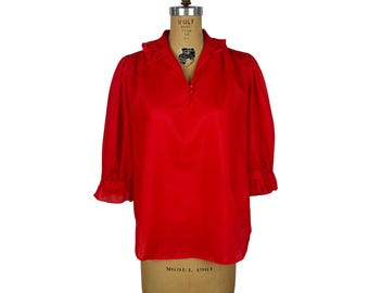 Vintage 80s Red Shirt Womens Large Ruffle Collar 3/4 Sleeve Oversized Top