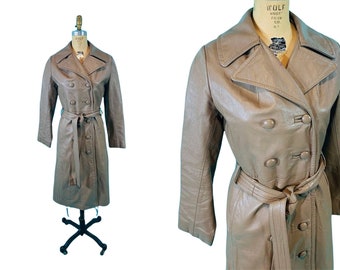 Vintage 1970s Taupe Faux Leather Trench Jacket | B 36"