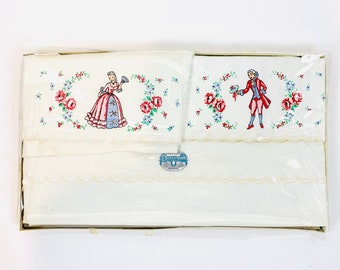 Vintage 1940s Regency Sheet Set Colonial Printed Decropak Pillowcases Deadstock Bedding