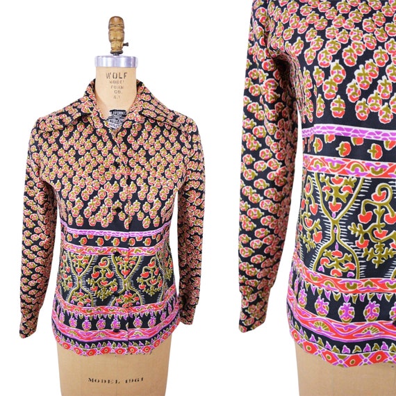 Vintage 70s Printed Blouse Pink Black Border Print