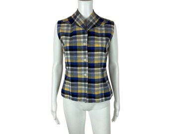 Vintage 50s Plaid Button Down Women's Medium Blue Yellow Summer Sleeveless Top