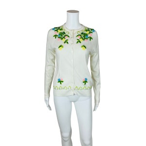 Vintage 60s Floral Embroidered Cardigan Multi Colored Acrylic Spring Sweater B 39&quot;