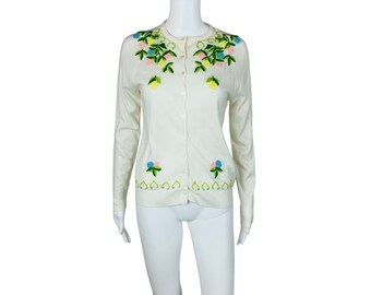 Vintage 60s Floral Embroidered Cardigan Multi Colored Acrylic Spring Sweater B 39"