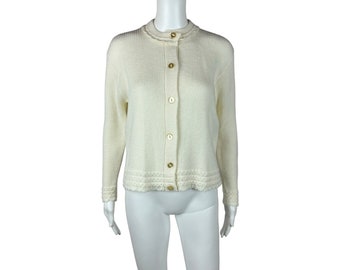 Vintage 50s Cream Cardigan Women's Large Turbo Orlon Ruffle Detail Sweater