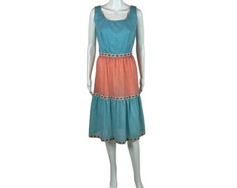 Vestido vintage de cuadros de los años 60 para mujer, falda escalonada con ribete floral, talla XS, vestido de picnic de cuadros vichy