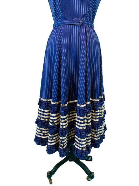 Vintage 1950s Square Dance Dress Navy Pinstripe Ruffl… Gem