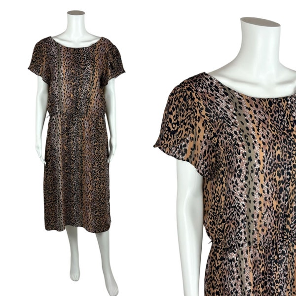 Vintage 80s Leopard Dress Women's Medium Brown Black Animal Print Sheath 50s Style