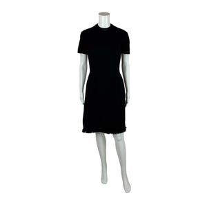 Vintage 60s Wool Dress Women&#39;s Medium Black Mockneck Mod Fringe Hem Shift