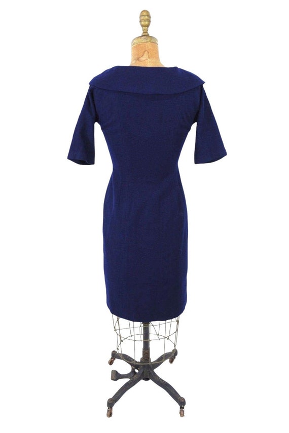 Vintage 1950s Wool Dress Navy Blue Fitted Button … - image 5