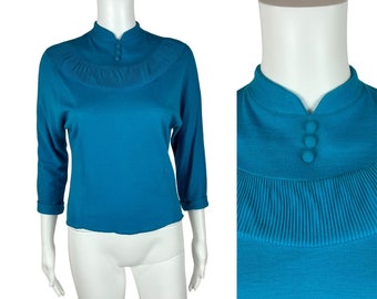 Vintage 50s Turquoise Top Women's Medium Mock Neck Dolman Sleeves Pin Up Shirt