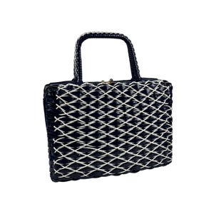 Vintage 60s Wicker Purse Blue White Large Acrylic Top Handle Walborg Bag