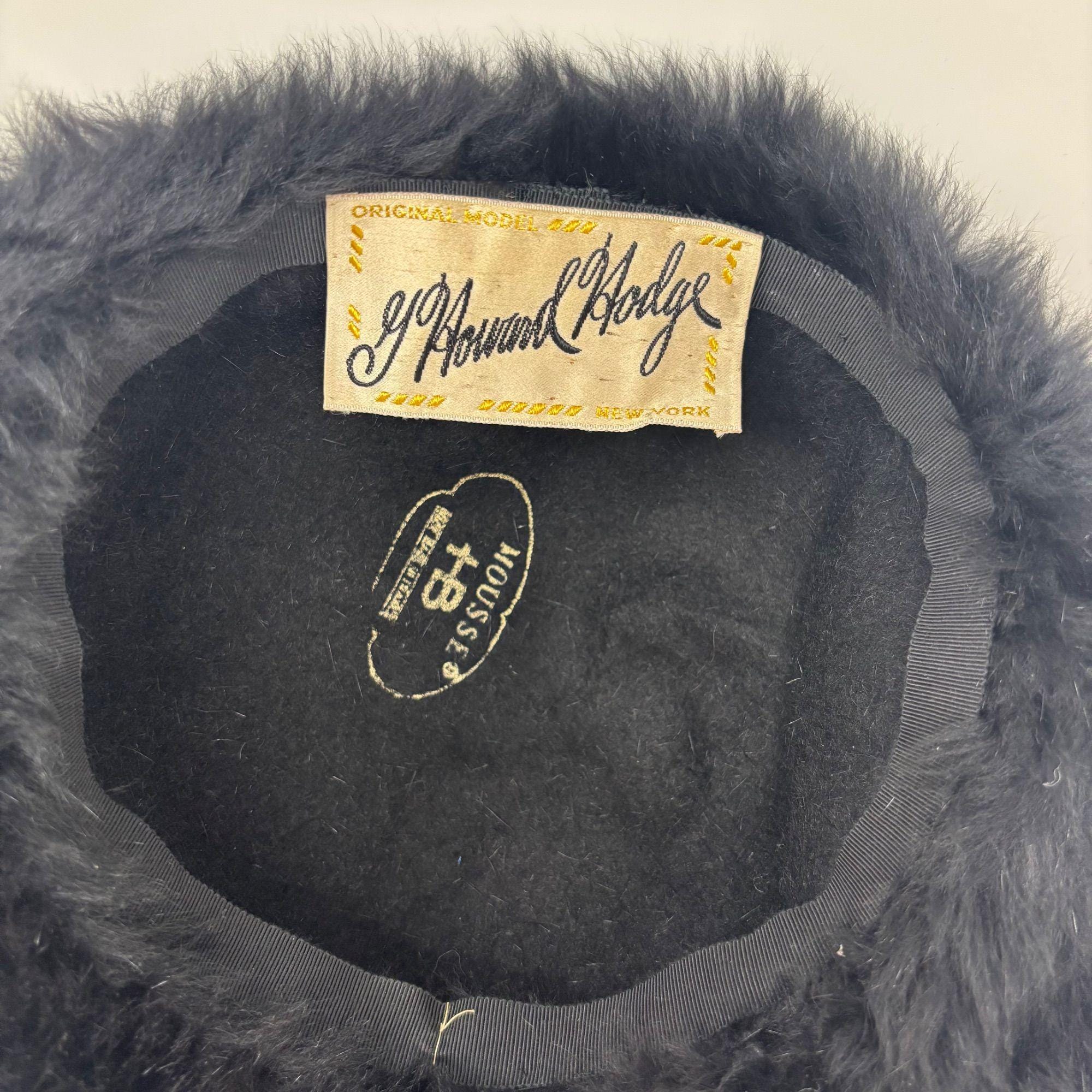 Vintage 50s Faux Fur Hat Black Wide Brim Rhinestone Feather  display picture 3