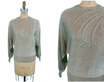 Vintage 1980s Gold Metallic Sweater Floral Dolman Pullover | B 46"
