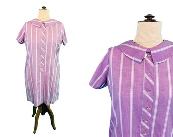 Vintage 1960s Stripe Dress Purple Peter Pan Bow Collar Shift | B 47"