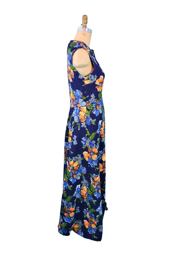 Vintage 1970s Maxi Dress Navy Blue Floral Print E… - image 4