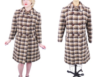 Vintage 1960s Houndstooth Coat Mod Brown Wood Button Peacoat | B 40"