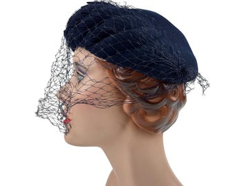 Vintage 50s Navy Hat Blue Veil Wool Scaled Calot Starling Vintage 50s Navy Hat Blue Veil Wool Scaled Calot Starling | eBay main image 2