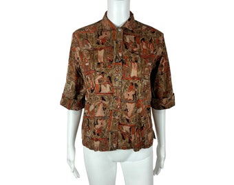 Vintage 50s Egyptian Blouse Women's M Hieroglyphics Novelty Print Cotton Button Down Top