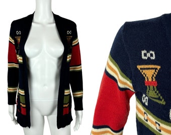 Vintage 70s Wrap Sweater Navy Boho Striped Hourglass Knit Cardigan