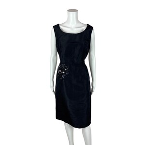 Vintage 60s Cocktail Dress Women&#39;s Large Black Sequin Applique Vogue Design Sheath